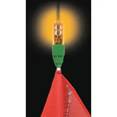 LED flashing warning light in amber, suitable for fleet vehicles and heavy equipment. Power range 2.4 to 12 W. Dimensions: 3/4 in height, 1 in width. Commonly mounted on trucks, trailers, or machinery to alert personnel and traffic.