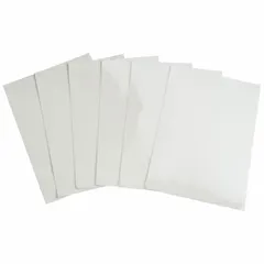 Clear polyester laminate sheet with permanent adhesive, measuring 6 1/2 in high by 4 1/2 in wide. Used as an overluminate to protect printed labels from abrasion, chemicals, and moisture in industrial labeling applications.