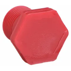 Polyvinylidene hex head plug with 3/4 in fitting pipe size, Schedule 80, Male NPT connection, and red color. Meets ASTM D3222 standards. Used to seal pipe ends in industrial piping systems requiring UV resistance and corrosion resistance.