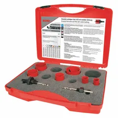 High-speed steel hole saw kit with 7 teeth per inch and 38 mm maximum cutting depth. Suitable for cutting wood, metal, and plastic in plumbing, electrical, and HVAC installations.