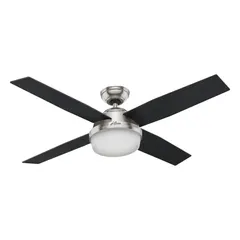 This HUNTER North Pond ceiling fan features a 52-inch blade span with a Black Oak/Chocolate Oak finish and galvanized material construction. It includes an integrated light kit and offers three speed settings for adjustable airflow. Suitable for medium-to-large office and commercial spaces requiring quiet operation and ambient illumination.