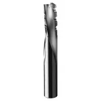 Solid carbide spiral downcut router bit with 3 flutes, 1/2" cut diameter, and 1-1/8" length of cut. Designed for routing phenolic materials, it produces clean, chip-free edges in composite panels and circuit-board substrates