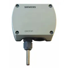 The Siemens QAC3161 is an outdoor temperature sensor with a plastic conduit-box housing. It measures outdoor air temperature from -58°F to 122°F with ±1.60°F accuracy and outputs a 0 to 10V DC signal. The sensor is hardwired, includes a conduit adapter, and supports BACnet MS/TP for integration with building automation systems in HVAC control and environmental monitoring applications.