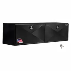 This underbody truck box features double drop-down doors and a keyed lock for secure storage. With a 24-inch overall depth and black finish, it is suited for organizing tools and equipment in fleet and service vehicles.