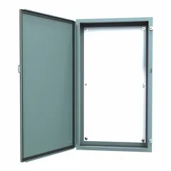 This steel enclosure is rated NEMA 12/13 for protection against dust, dirt, and non-corrosive liquids. It measures 42 x 24 x 8 inches and includes a solid hinged cover secured by clamps. A panel is provided; knockouts are not included. Typical applications include housing electrical controls and instruments in industrial environments.