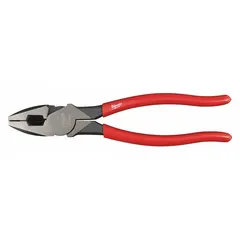 9 in overall length multipurpose lineman's pliers with 1 7/8 in jaw length, 1 3/4 in jaw width, and 5/8 in jaw thickness. Features a dipped handle and integrated wire cutter for cutting, gripping, and twisting wire in electrical and general maintenance tasks.