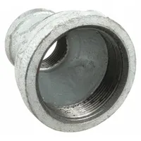 This straight pipe fitting is made of malleable iron and features a 2-inch female thread on one end and a 1 1/4-inch female thread on the other. It is used to connect pipes of different diameters in medium-pressure threaded piping systems, such as in industrial plumbing, compressed air lines, and process piping