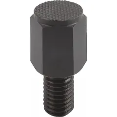 Steel positioning foot with a tempered serrated face for slip-resistant contact. Features an external M12 thread for mounting. RoHS compliant. Used in industrial fixtures and workholding setups for precise alignment and stable positioning.