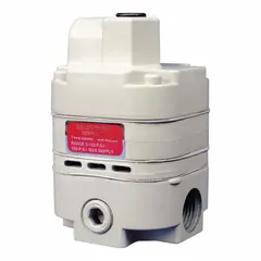 This air-operated booster regulator amplifies flow from a standard regulator up to 14 scfm. It features a 3/8 in NPT port, operates with supply pressure from 2 psi to 120 psi, and has a maximum operating temperature of 160°F. Commonly used in pneumatic systems to increase actuator speed or flow for valve positioning and cylinder control.