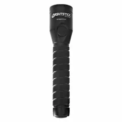 Rechargeable flashlight with 1100 lumen output and 228 meter beam distance. Metal body with tail switch. Includes AC/DC charger cords and rechargeable battery. Run time of 3.25 hours at maximum brightness. Suitable for industrial, security, maintenance, and outdoor tasks requiring portable illumination.