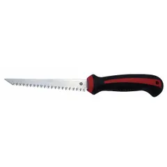 This jab saw features a 6 1/4-inch steel blade and a 12-inch overall length. The rubber handle provides a secure grip. It is rated 8 and is used for cutting drywall, plaster, and other sheet materials, including plunge cuts for openings.