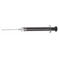 Gastight syringe with borosilicate glass barrel, PTFE plunger, and stainless steel/PTFE tip. Cemented needle attachment with point style 2 needle included. Replaceable tip, individually packaged. Suitable for precise liquid handling in analytical and laboratory applications.