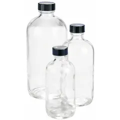 This 125 mL clear wide mouth round glass bottle from KIMBLE is designed for general laboratory storage of liquids, powders, or samples. The colorless body allows easy visual inspection of contents. It features a 48-400 mm screw closure size and is supplied without a closure or closure liner. Not graduated and not pre-cleaned.