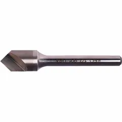 This 60° included-angle countersink features a single-flute design for fast cutting in ferrous and non-ferrous materials. The TiN-coated carbide body provides wear resistance. Body diameter is 3/4 in. Used for creating conical recesses for flathead screws or deburring holes in metalworking applications.