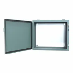 This steel enclosure is rated NEMA 12/13 for protection against dust, dirt, and dripping non-corrosive liquids. It measures 20 x 24 x 8 inches and includes a solid hinged cover and a panel. The clamp closure method secures the cover without knockouts. Typical applications include housing electrical controls and instruments in industrial environments such as factories and processing plants.