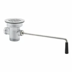 Brass sink drain assembly with chrome finish, threaded for installation. Includes rotary waste valve and twist handle for lever-activated stopper operation. Overall height and diameter of 4-1/2 inches. Does not include overflow. Suitable for commercial or industrial sink applications requiring manual drain control.