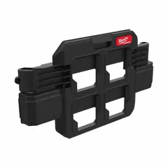 This compact plate is a mounting accessory for the PACKOUT modular storage system. It measures 2 5/8 in W x 9 5/8 in H x 16 13/16 in L and is constructed of black ABS plastic. The plate allows for securing and organizing tool cases in custom layouts on job sites or in workshops.