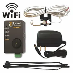 This Wi-Fi enabled liquid-level alarm operates on 120V AC and includes a vertical float switch. It features an 85 dB audio/visual alarm with auto/manual operation and two alarm inputs. No battery backup is provided. Suitable for monitoring liquid levels in sump pits, tanks, or basins.