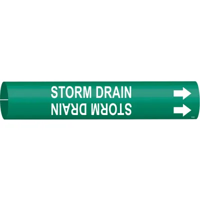 BRADY Pipe Marker: Storm Drain, Green, White, Fits 2 1/2 to 3 7/8 in Pipe O.D. - Storm Drain Snap-On Pipe Markers
