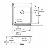 This one-bowl counter-mounted sink is designed for drop-in installation in kitchen and bar countertops. It features a 19-1/2 in overall width and a 6-1/2 in bowl depth, suitable for washing and food preparation tasks. The sink is finished in a Silver/Gray color family