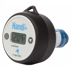 MAXTEC O2 analyzer with LCD display, measuring oxygen concentration up to 99.9% with +/-3% accuracy. Compact dimensions: 3 1/2 in depth, 2 7/16 in width, 3 3/16 in height. Suitable for monitoring oxygen levels in industrial combustion, HVAC, and process control applications.