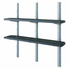This shelf kit includes two resin shelves with a painted black finish, each measuring 49 5/8 in x 10 in x 1 1/4 in. It comes with mounting hardware and steel reinforcement screws. Designed for use with Suncast plastic sheds featuring a gable roof, it provides additional storage for organizing tools and supplies.