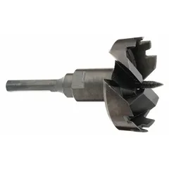 Self-feed drill bit with a 3-inch cutting diameter and hex shank for secure grip in high-torque drills. Made of carbon steel, with a 3-inch shank diameter and 5-inch overall length. Used for drilling large-diameter holes in wood, such as for conduit or pipe runs.