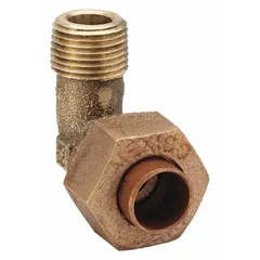 This low-lead bronze elbow connects 1 in CTS copper tube to 1 in male NPT pipe. The cup end is soldered onto copper tubing, while the MNPT end threads into female fittings. Used in plumbing and HVAC systems for potable water lines.