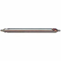 Double-end plain-tip center drill, size #6 with 82° included angle, 5 in overall length. Made of AlTiN coated high speed steel for wear resistance. Used to create conical starting holes for lathe centers or subsequent drilling in machining and toolmaking.