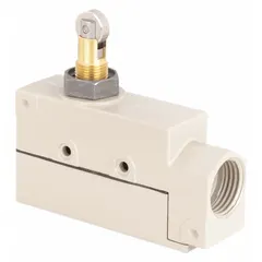 The OMRON ZE-Q22-2S is a top-mount roller-plunger limit switch with momentary operation. It features a metallic roller plunger actuator, screw terminals for wiring, and stainless steel construction. This switch is used for industrial position sensing in applications such as conveyor systems, packaging machinery, and automated assembly lines.