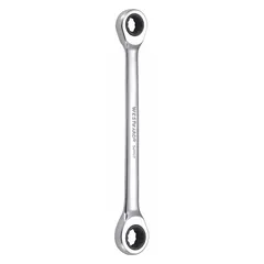 Alloy steel construction with chrome finish. 12-point ratcheting box end design for 8 mm and 9 mm fasteners. Standard straight configuration with 5 in overall length. Suitable for tightening or loosening hex nuts and bolts in confined spaces.