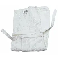 This white bathrobe is made from a 40% polyester and 60% cotton blend, offering a balance of durability and comfort. Designed as a one-size-fits-all garment, it is suitable for use in hospitality settings such as hotels and spas, as well as in industrial environments like textile mills and cleanrooms