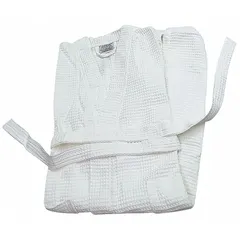 This white bathrobe is made from a 40% polyester and 60% cotton blend, offering a balance of durability and comfort. Designed as a one-size-fits-all garment, it is suitable for use in hospitality settings such as hotels and spas, as well as in industrial environments like textile mills and cleanrooms.