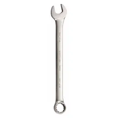 This SAE 12-point combination wrench features a satin finish and offset design. Made from alloy steel, it has a 2-1/4 in head size and 26-3/8 in overall length. Suitable for fastening and loosening large bolts and nuts in maintenance and repair tasks.