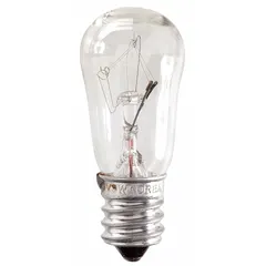 Incandescent miniature lamp with candelabra screw (E12) base, S6 shape, and white finish. Rated for 155V AC. Suitable for sign lighting, display cases, and decorative fixtures requiring a compact white light source.