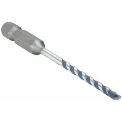 Carbide-head SDS-Plus drill bit for rotary hammer drilling in concrete and masonry. 1/4 in diameter, 4 in overall length with 2 in maximum drilling depth. Suitable for anchor installation, conduit work, and general construction fastening.