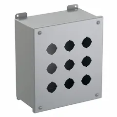 Carbon steel enclosure with nine holes for 30mm push button operators. Rated NEMA 12/13 for indoor protection against dust and water droplets. Suitable for industrial control panels and similar applications.