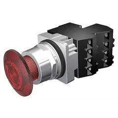 This Siemens illuminated mushroom-head push button features a 30 mm non-metallic profile with maintained action and 2NC contacts. It uses a pressure plate terminal connection and is part of the Class 52 series. Typical applications include emergency stop or control actuation in industrial machinery and panel builds.