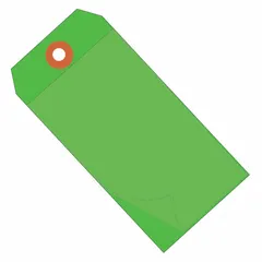 Green vinyl plain shipping tag with self-laminating design to protect markings from moisture, dirt, and abrasion. Measures 6 1/4 inches high by 3 1/8 inches wide. Supplied in packs of 100. Suitable for labeling shipments, equipment, or inventory in industrial environments.