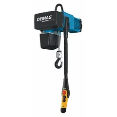 Heavy-duty electric chain hoist for extended-use lifting. Operates on 575V AC with two-speed control. Hook-mounted design without trolley; includes chain container. Suitable for industrial lifting and positioning tasks.