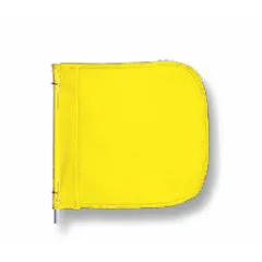 This yellow replacement flag measures 16 inches in height and 16 inches in width. It is designed for use with warning whip assemblies on industrial vehicles to provide high-visibility marking for wide loads, slow-moving equipment, or overhead hazards.
