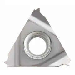 Carbide insert for external thread turning operations on CNC and manual lathes. Designed for precision thread forming on metal workpieces, suitable for general machining applications requiring accurate thread profiles.
