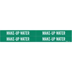 Set of 4 adhesive pipe markers with green background and white legend reading 'Make-Up Water'. Designed for pipe outer diameters from 3/4 to 2-3/8 inches. Markers do not include directional arrows. Used to identify make-up water lines in industrial piping systems.