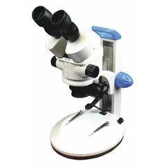 This binocular stereo microscope offers a zoom range from 7X to 45X with a 20 mm optical field of view. It includes a Dual-LED Pole illuminator and provides a 101.6 mm working distance. The base measures 8 in x 10-1/2 in. Suitable for inspection, assembly, and quality control tasks requiring detailed observation of small components.