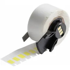 Yellow matte vinyl precut label roll for wire marking. Each label measures 3/4 in x 1/4 in and accommodates 16 AWG to 10 AWG wire gauge. Requires M7-R4300 ribbon and is compatible with BMP71 printer series. Used for identifying wires in control panels, electrical installations, and maintenance tagging.