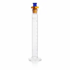 Class B glass graduated cylinder with 50 mL capacity, to contain (TC). Graduated in 1 mL increments from 3 mL to 50 mL. Meets ASTM E1272 and USP Type II specifications. Includes a polyethylene stopper. Used for measuring and transferring liquids in laboratory settings.