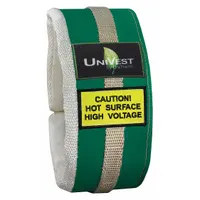 This pipe cover is designed for straight pipe sections with a circumference of 6 in to 13 in. It features a Teflon coated fiberglass cloth jacket and a buckled strap fastening system. The green ceramic fiber insulation reduces heat loss and provides personnel protection in industrial settings