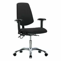 ESD-safe chair with aluminum base and fabric upholstery. Includes arms. Seat width 18 1/2 in, depth 17 in. Height adjustable from 19 to 24 in. Back tilt forward 10.5°, backward 13.5°; seat tilt forward 8°, backward 3°. Suitable for static-sensitive work areas such as electronics assembly and laboratory environments