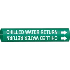 This snap-on pipe marker identifies chilled water return lines in HVAC and industrial piping systems. It features a green background with white legend and directional arrows, fitting pipe outer diameters from 2-1/2 to 3-7/8 inches. Each order includes one marker.