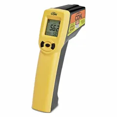 This CDN infrared gun thermometer features an LCD display and a plastic case with an LCD lens. It provides temperature readings with an accuracy of ±2.7 °F or ±1.5 °C and a 1-second response time. Suitable for non-contact surface temperature measurement in food service and handling environments.